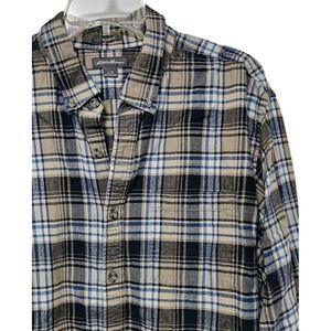 EDDIE BAUER Flannel Shirt Mens Lg Tall Relaxed Fit Tan Black Blue Plaid Outdoors